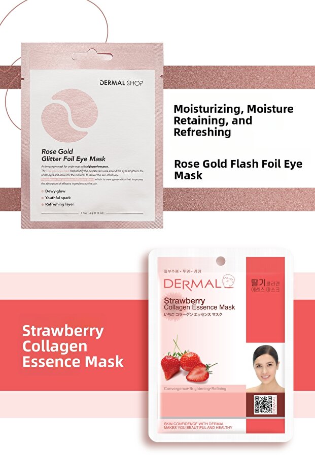 3-Layer Rose Gold Eye Mask and Brightening and Purifying Strawberry Extract Collagen Mask Set