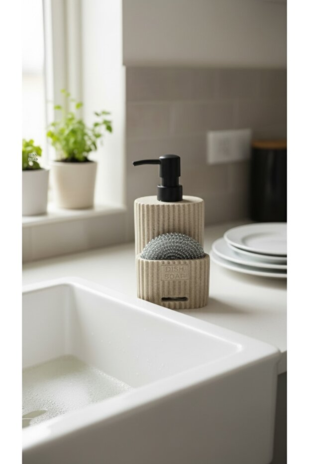 Liquid Soap Dispenser with Sponge Compartment Polyresin Kitchen Dish Soap Dispenser Soap Dispenser with Sponge (Bej)