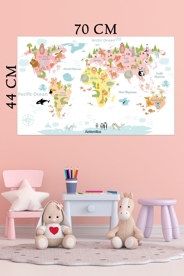 White Educational World Map Animal Kingdom Turkish Decor Children's Room Wall Sticker