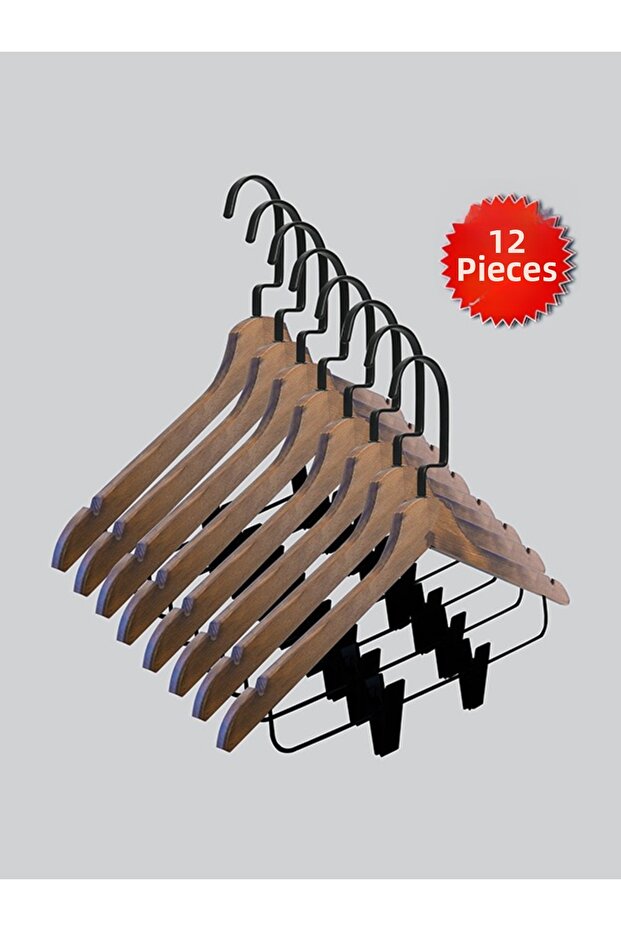 Wooden (Black Hook Lama) Latch Shirt and Skirt Hanger Walnut Color 12 Pieces