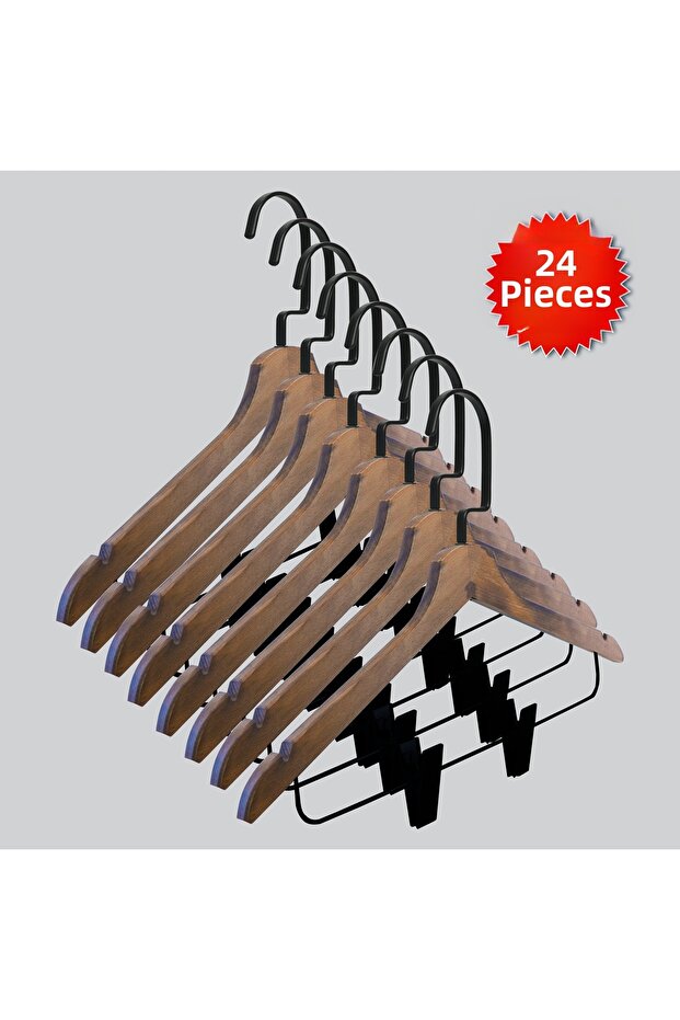 Wooden (Black Hook Lama) Latch Shirt and Skirt Hanger Walnut Color 24 Pieces