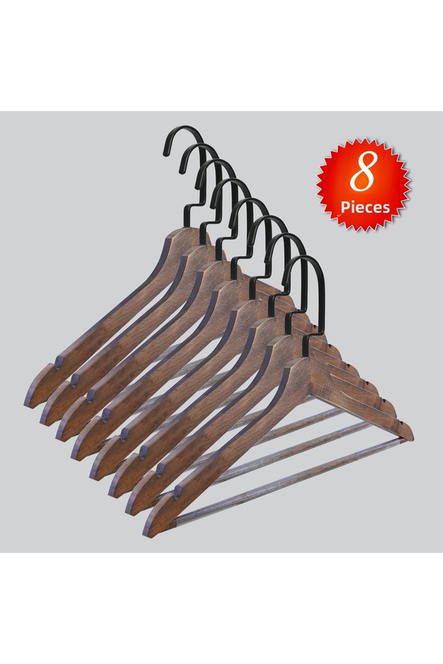 Wooden (Black Hook Lama) Bar Hanger for Shirts and Trousers, Walnut Color, 8 Pieces