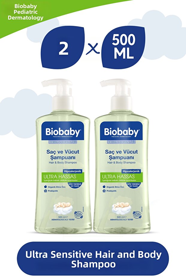 Ultra Sensitive Hair and Body Baby Shampoo 500 ml - 2-Pack – Contains Organic Apple Juice and Prebiotics