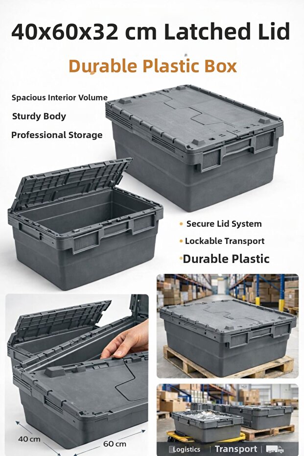 40*60*32 cm Gray Plastic Case with Hinged Lid