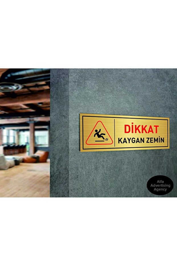 Attention Slippery Floor Writing Gold Metal Plate