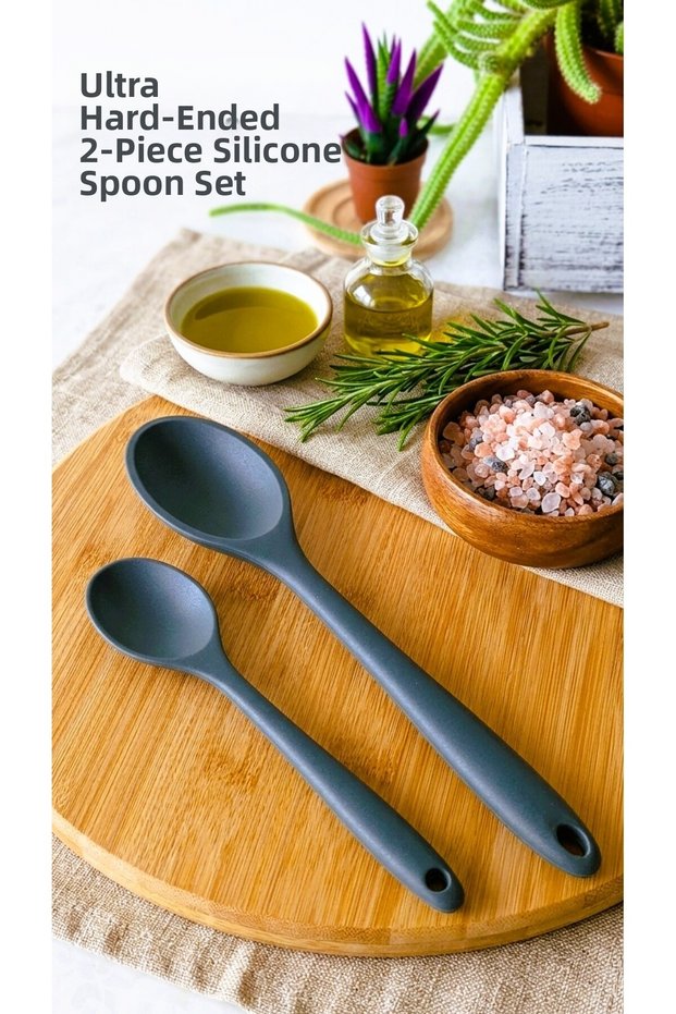 Gray Color 28-20cm Ultra Hard Tip High Heat Resistant Silicone Serving Spoon Set of 2