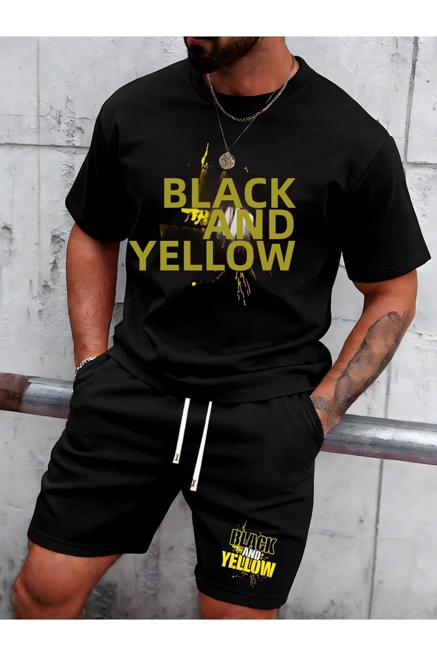Black Printed white t-shirt black shorts knitted top bottom set 2-piece pack