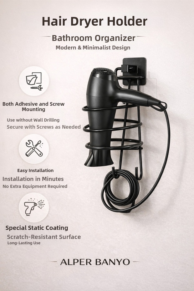 Black Square Blow Dryer Hanger Hair Dryer Holder Adhesive