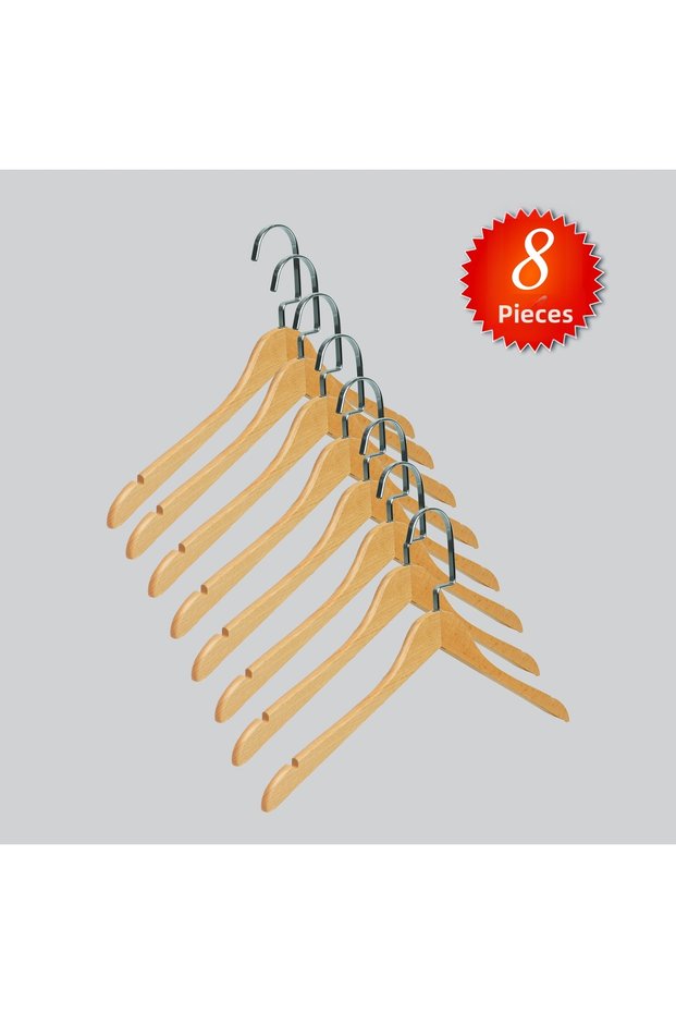 Wooden (Silver Hook Lama) Clothes, Shirts, Blouses, Hangers Natural Color 8 Pieces