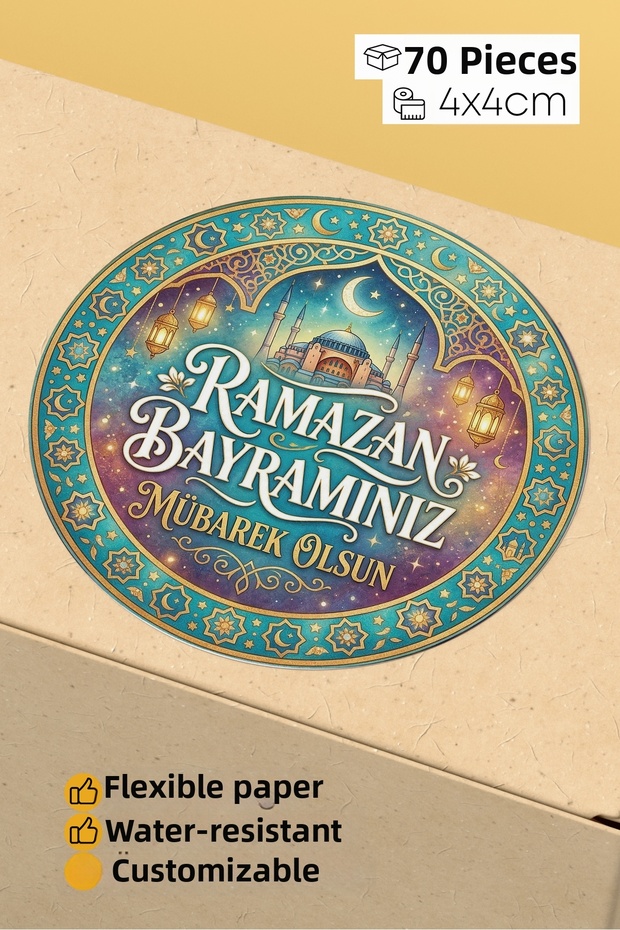 Ramadan Feast Themed Packaging Labels - 70 Pieces of 4X4Cm Round Waterproof Packaging Stickers