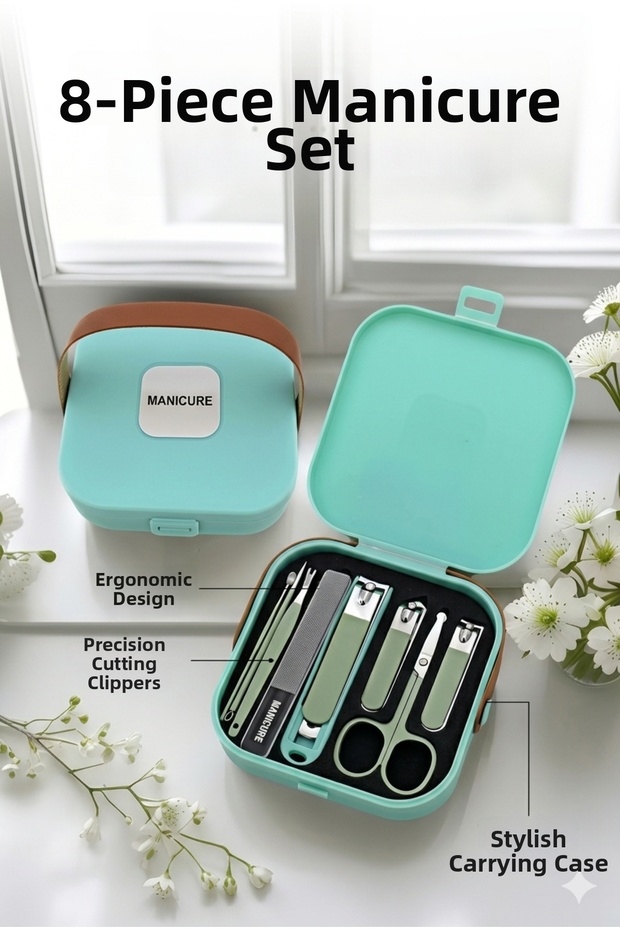 Stylish and Portable 8-Piece Manicure Set - Ergonomic Design and Precision Cutting