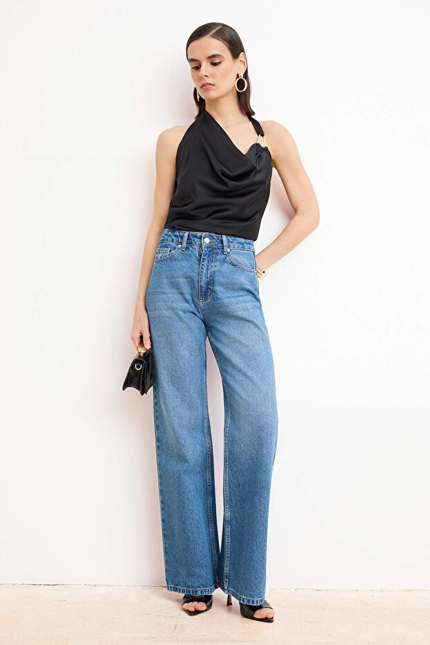 Siyah Düz Halter Yaka Kolsuz Dokuma Saten Gündüz / Gece Bluz TPRSS26BZ00049 - 2
