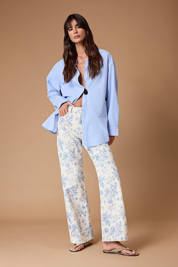 Çok Renkli DÖKÜMLÜ Çiçek Baskılı %100 Pamuk Yüksek Bel Wide Leg Jeans TWOSS26JE00222