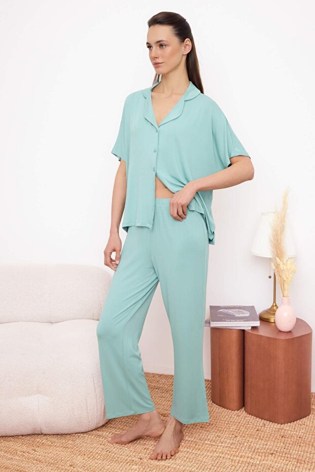 Trendyolmilla  Mint Rahat Kalıp Viskon Örme Pijama Takımı THMSS25PT00165 - Görsel 3