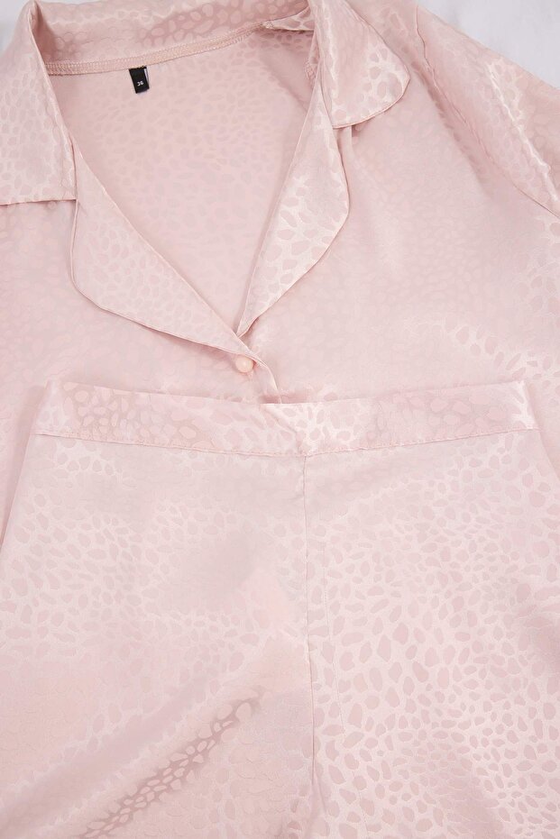 Pudra Leopar Desenli Saten Dokuma Pijama Takımı THMSS26PT00209 - 6