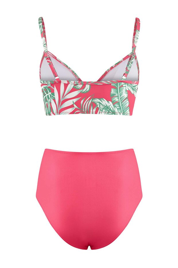 Tropikal Desenli Drapeli Üçgen Kaplı Hipster Yüksek Bel Bikini Takımı TBESS25BT00202 - 5