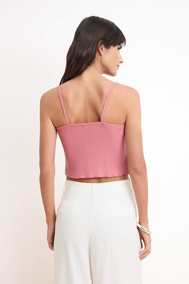 Açık Pembe Fitted/Vücuda Oturan Havuz Yaka Dantel Detaylı Crop Dokulu Örme Bluz TWOSS26BZ00160 - 4