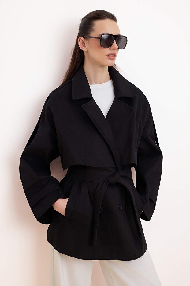 Siyah Oversize Kemerli Kruvaze Kapama Midi Trençkot TWOSS26TR00008 - 1