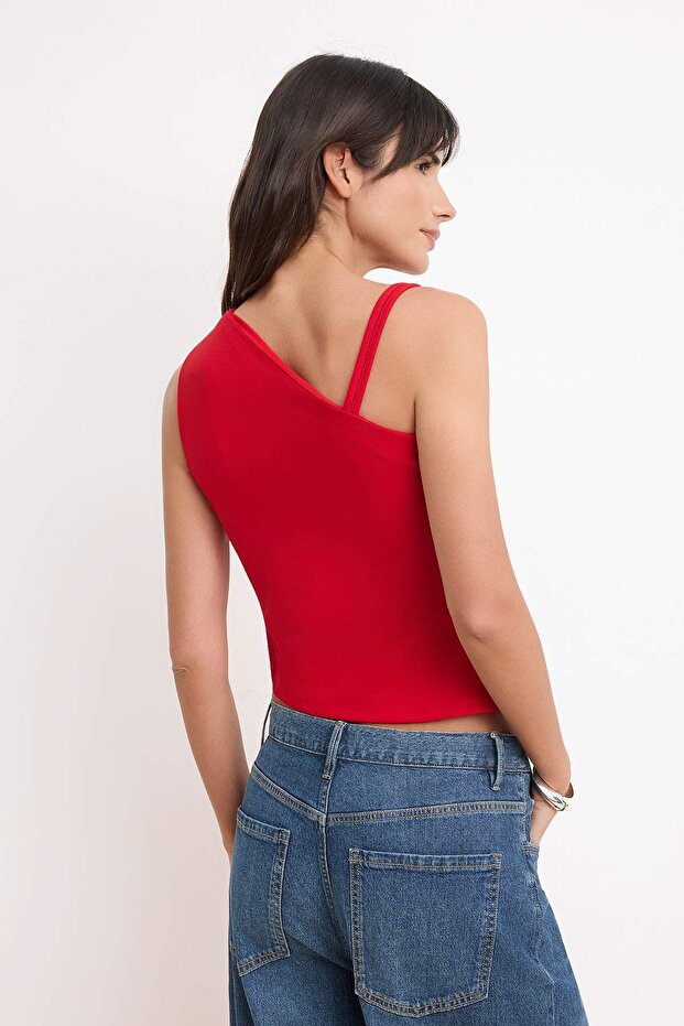 Kırmızı Fitted/Vücuda Oturan Asimetrik Yaka Tek Kol Kolsuz Krep Örme Bluz TWOSS26BZ00634 - 4