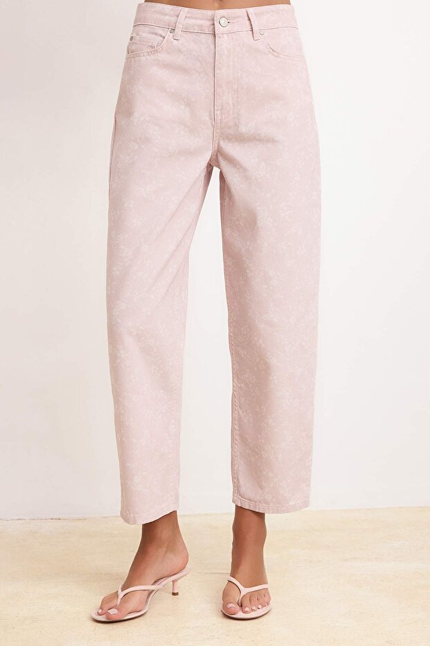 Pembe DÖKÜMLÜ Çiçek Baskılı %100 Pamuk Yüksek Bel Barrel Jeans TWOSS26JE00231 - 3