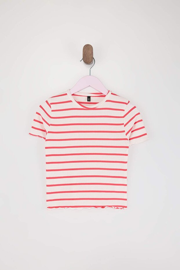 Kırmızı-Ekru 2'li Kız Çocuk Çizgili 23 Nisan Düz Örme T-Shirt TKDSS26TS00012 - 3