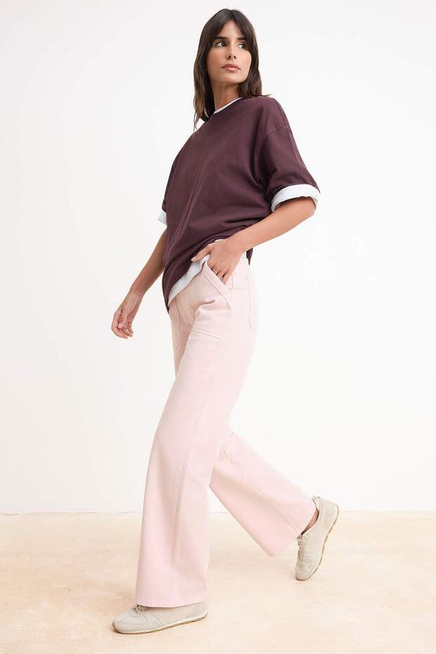 Pembe Cep Detaylı Yüksek Bel %100 Pamuk Wide Leg Jeans TWOSS26JE00168 - 2