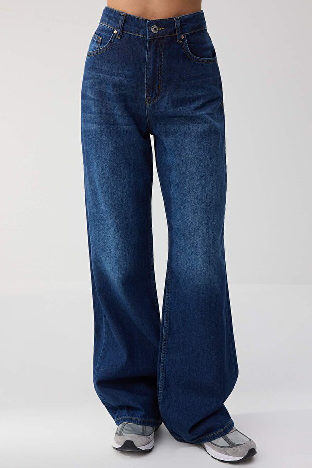 Trendyolmilla Wardrope Essentials Koyu Mavi DÖKÜMLÜ Yüksek Bel Wide Leg Jeans TWOSS26JE00128 - 1
