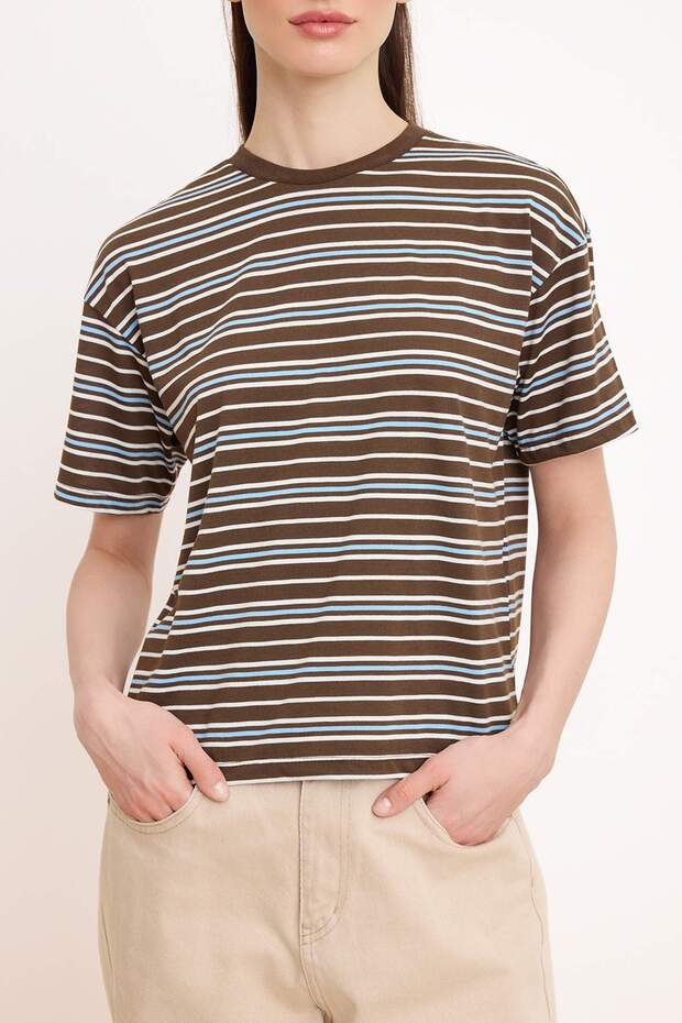 Kahverengi Çizgili Oversize/Geniş Kalıp Kısa Kollu Uzun Tok %100 Pamuk Örme T-Shirt TWOSS26TS00055 - 3