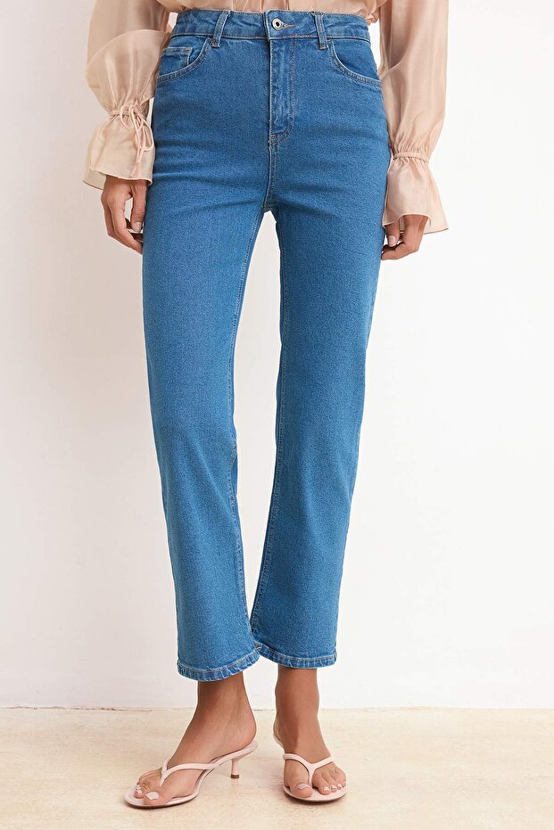 Mavi Yüksek Bel Orta Esnek Straight Düz Kesim Jeans TWOSS26JE00189 - 3