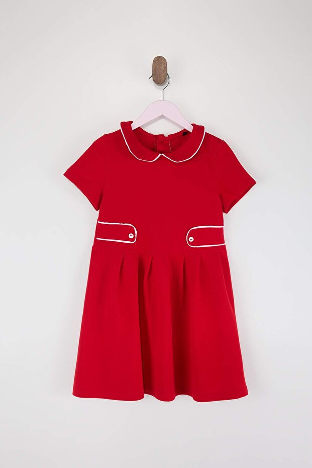 Kırmızı Bebe Yaka Kız Çocuk 23 Nisan Kısa/ Mini Örme Elbise TKDSS26EL00003 - 2