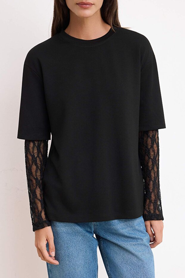 Siyah Oversize/Geniş Kalıp Düşük Kol Dantelli Uzun Kollu Soft Touch Örme T-Shirt TWOSS26TS00191 - 3