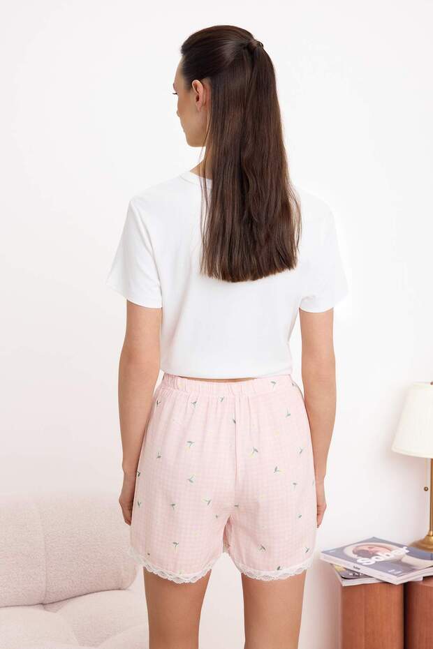 Pembe-Mavi Ekoseli Çiçekli Dantel Detaylı Viskon Dokuma Pijama Altı THMSS26PJ00005 - 4