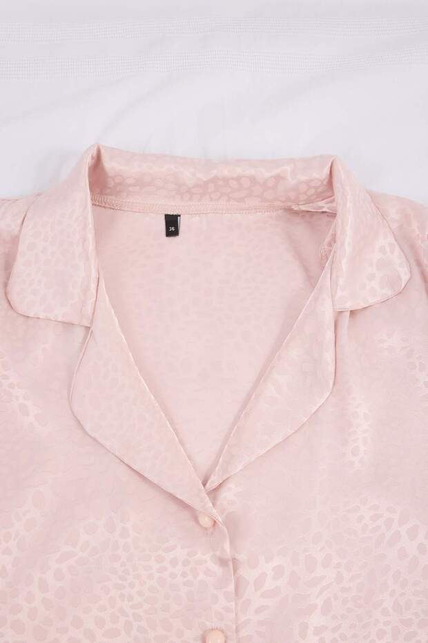 Pudra Leopar Desenli Saten Dokuma Pijama Takımı THMSS26PT00209 - 5