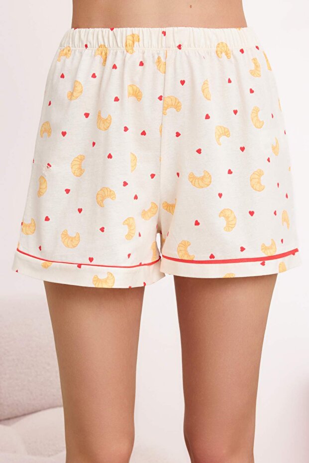 Ekru %100 Pamuklu Kruvasan Desenli Biyeli Örme Pijama Takımı THMSS26PT00060 - 3