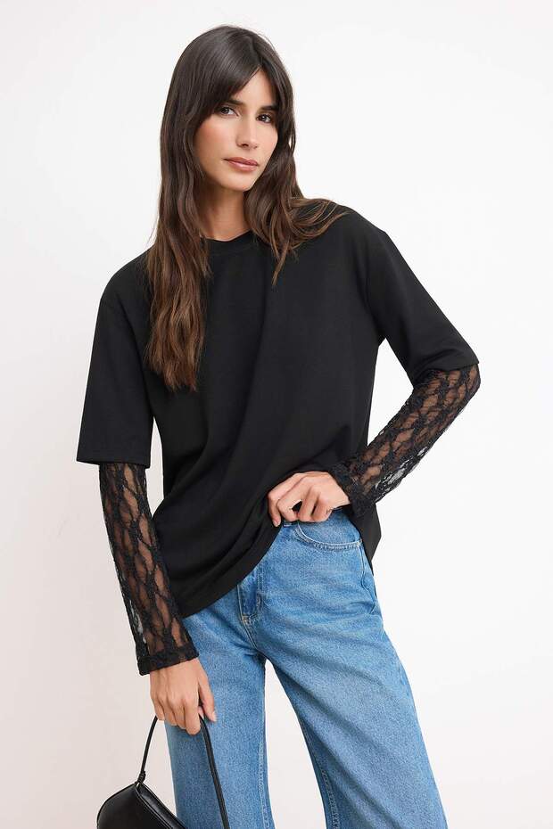 Siyah Oversize/Geniş Kalıp Düşük Kol Dantelli Uzun Kollu Soft Touch Örme T-Shirt TWOSS26TS00191 - 1