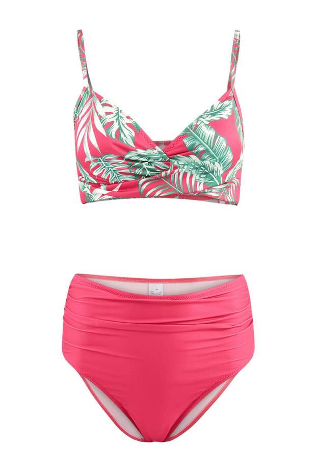 Tropikal Desenli Drapeli Üçgen Kaplı Hipster Yüksek Bel Bikini Takımı TBESS25BT00202 - 4