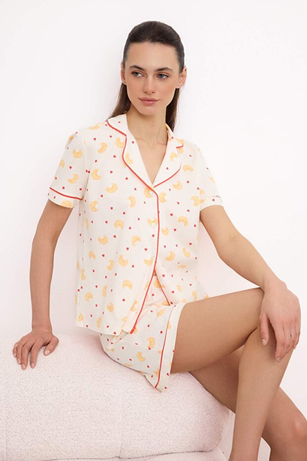 Ekru %100 Pamuklu Kruvasan Desenli Biyeli Örme Pijama Takımı THMSS26PT00060 - 1