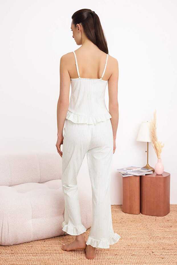 Mint %100 Pamuklu Çizgili ve Kurdeleli Fırfırlı Örme Pijama Takımı THMSS26PT00013 - 4