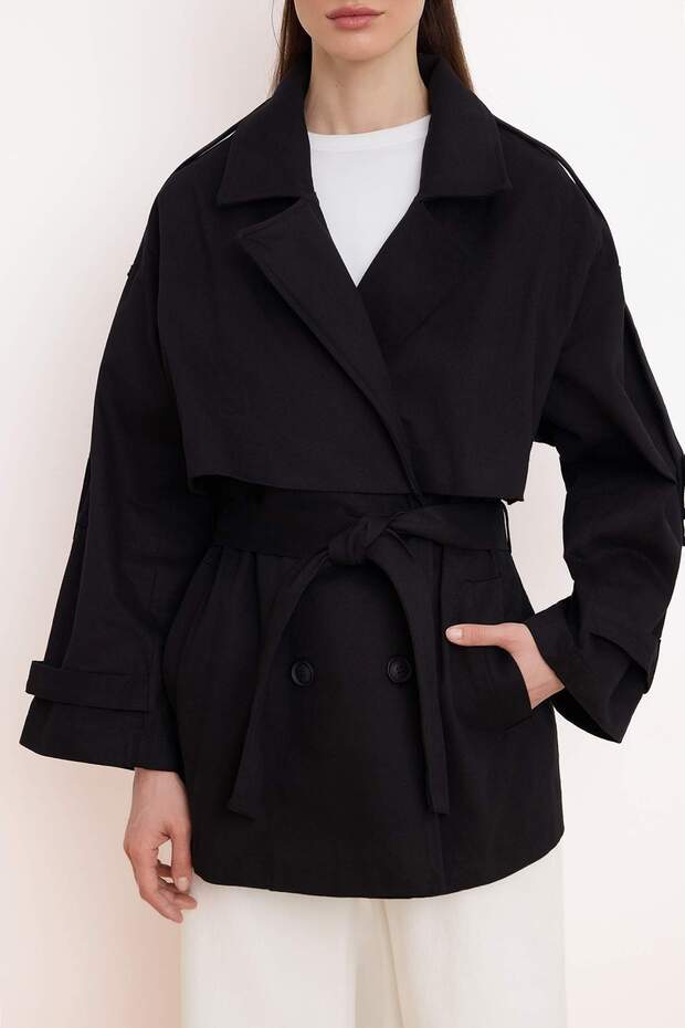 Siyah Oversize Kemerli Kruvaze Kapama Midi Trençkot TWOSS26TR00008 - 4