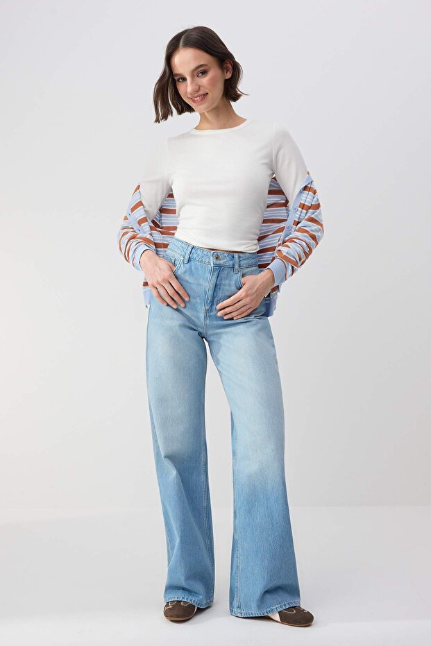 Trendyolmilla Wardrope Essentials Mavi DÖKÜMLÜ Yüksek Bel %100 Pamuk Wide Leg Jeans TWOSS26JE00123 - 3