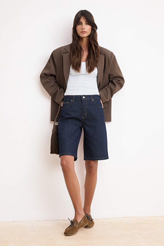 Koyu Mavi Yüksek Bel Denim Bermuda TWOSS24SR00007 - 2