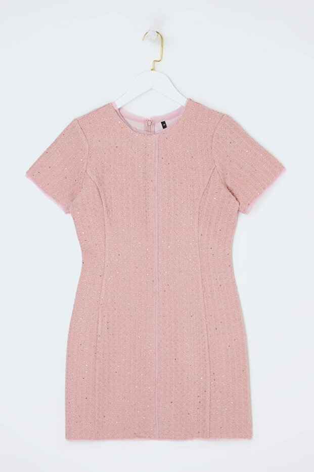Pembe Parıltılı Tüvit Mini Dokuma Elbise TWOSS26EL00079 - 1
