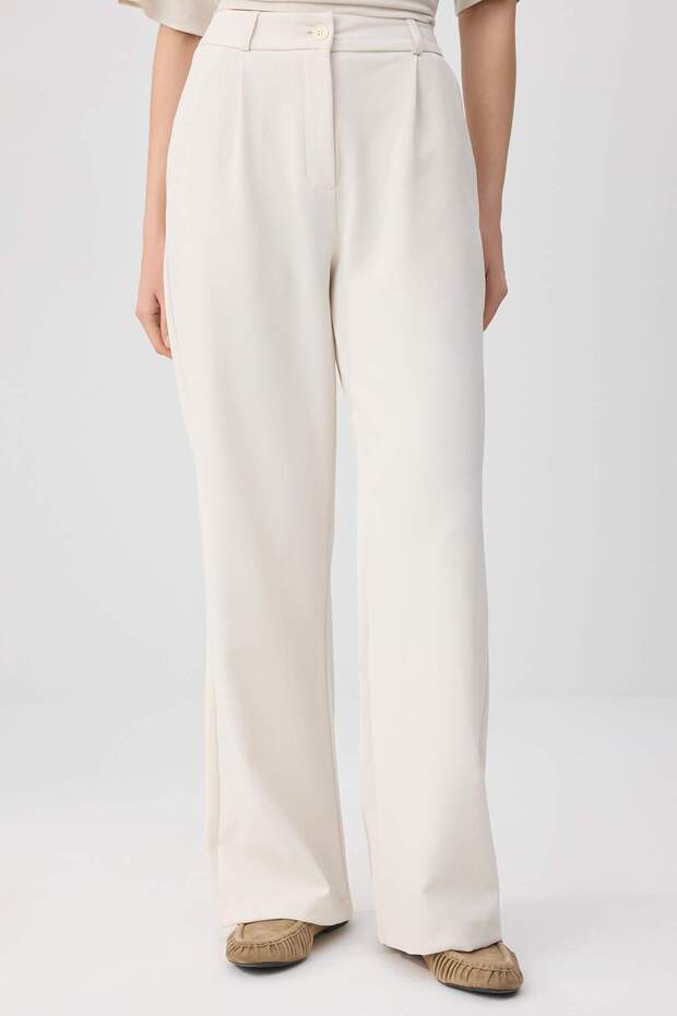 Ekru Yüksek Bel Wide Leg/Geniş Paça Pilili Dokuma Kumaş Pantolon TWOAW21PL0076 - 5
