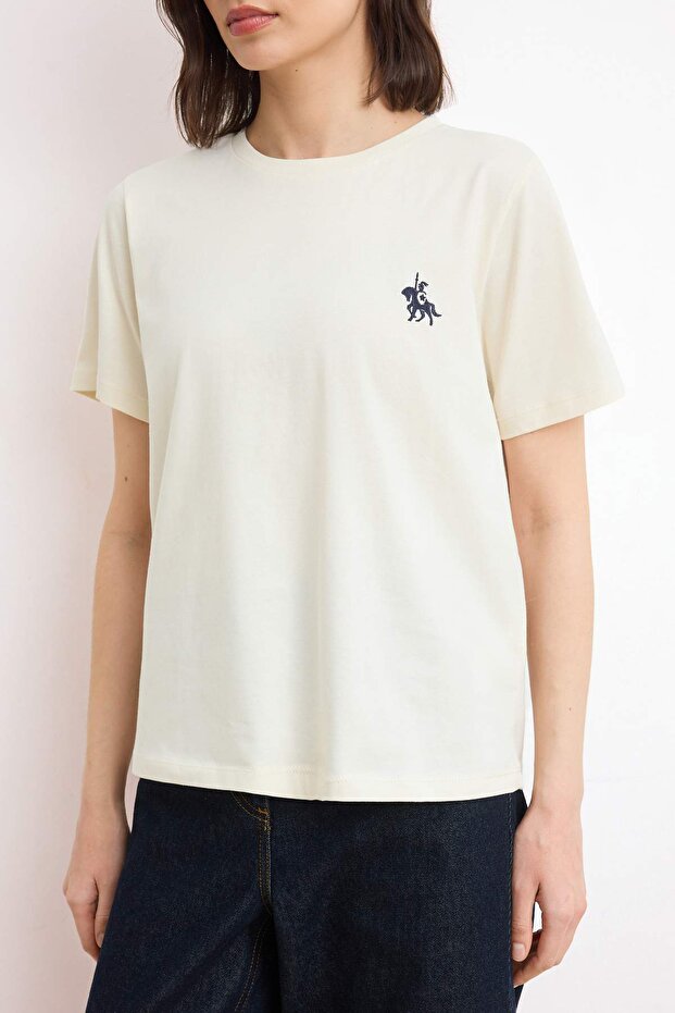 Ekru Oversize/Geniş Kalıp Nakışlı Kısa Kollu %100 Pamuk Örme T-Shirt TWOSS26TS00218 - 3