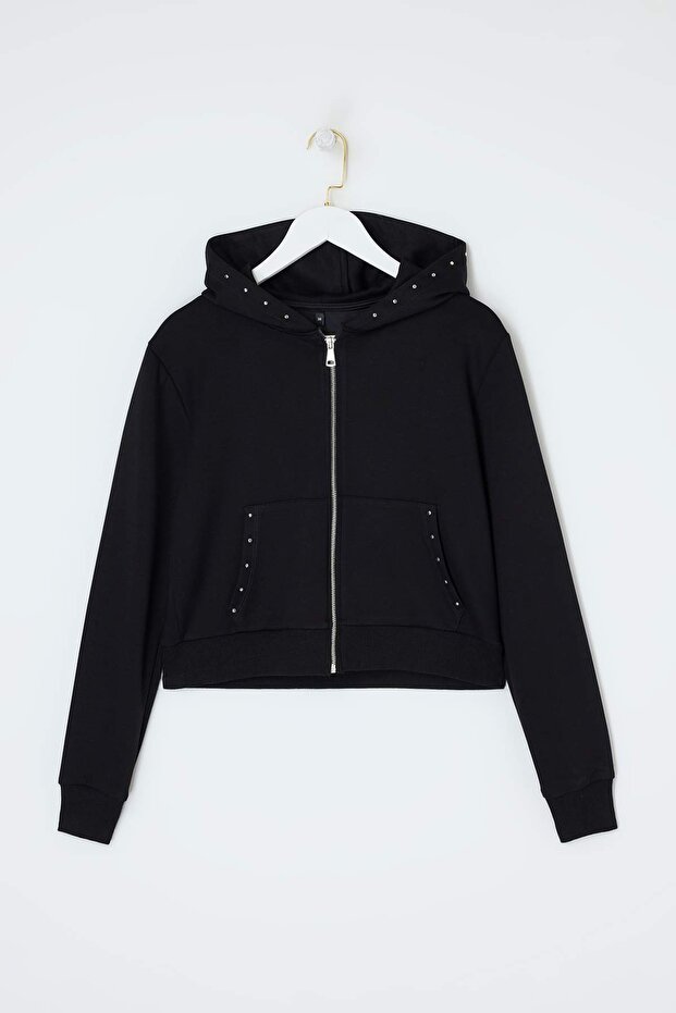 Siyah Regular/Normal Kalıp Kapüşonlu Aksesuar Detaylı Örme Sweatshirt TWOSS26SW00012 - 5