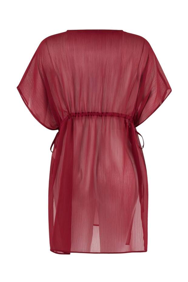 Bordo Dokuma Mini Büzgülü Plaj Elbisesi TBESS26EL00037 - 5