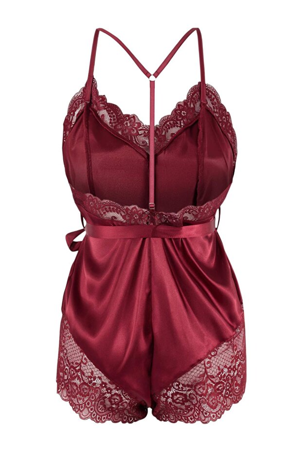 Bordo Dantel Detaylı Kuşaklı Saten Dokuma Tulum THMSS26TU00001 - 4