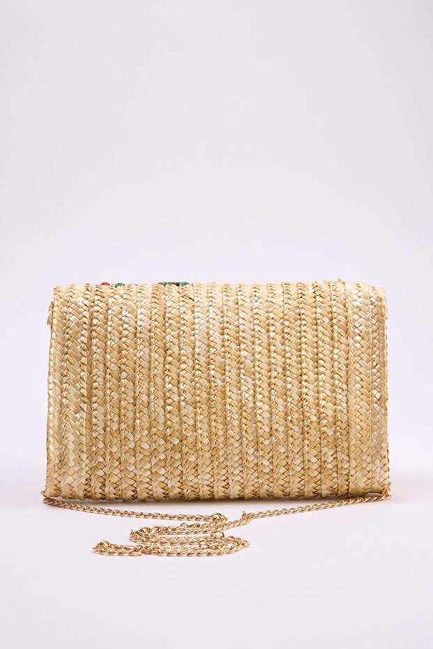 Bej Kiraz Nakışlı Hasır Mini Boy Kadın Portföy & Clutch Çanta - 6