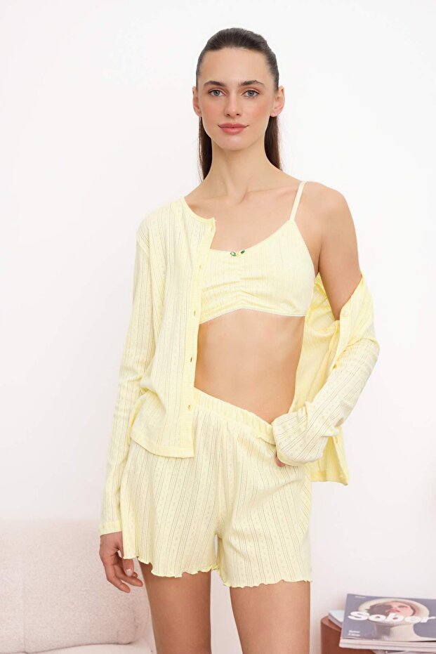 Sarı %100 Pamuklu 3'lü Fitilli/Pointel Örme Pijama Takımı THMSS26PT00161 - 1