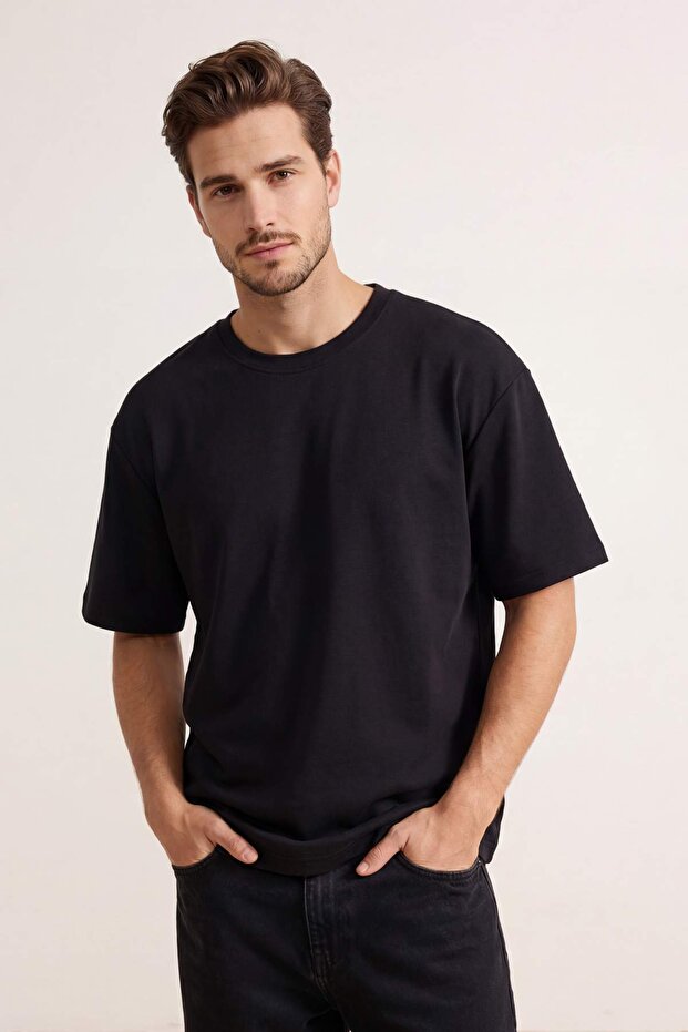 Unisex Siyah Premium Wardrobe Essentials Düşük Omuz Regular Fit Basic T-Shirt TMNSS26TS00010 - 2